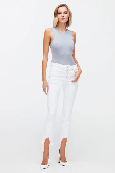  THE STRAIGHT CROP LUXE VINTAGE WHITE WITH EXPOSED BUTTON & WITH VINTAGE HEM  